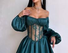 Атласна сукня з обʼємними рукавами та мереживом | PUSHKA SHOP