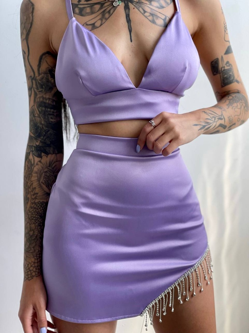 Комплект: топ с чашечками + юбка, декорированным бахромой из страз  | PUSHKA SHOP