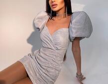 Блестящее платье с объемными рукавами  Блестящее платье с объемными рукавами  | PUSHKA SHOP