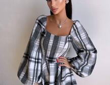 Корсетна сукня з подвійною спідницею та обʼємними рукавами у клітинку  Корсетна сукня з подвійною спідницею та обʼємними рукавами у клітинку  | PUSHKA SHOP