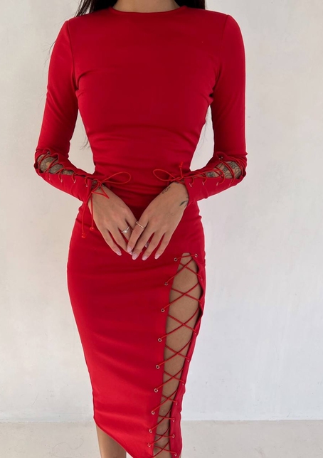 Сукня міді зі шнурівкою на ніжці та на рукавах | PUSHKA SHOP