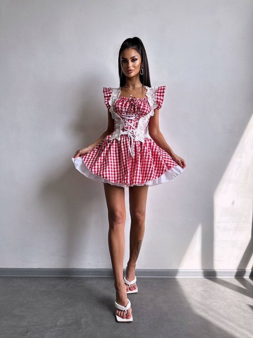 Сукня в клітинку декорована мереживом  Сукня в клітинку декорована мереживом  | PUSHKA SHOP