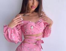 Квітковий комплект: топ із зав'язками на талії + спідниця міді з розрізом | PUSHKA SHOP