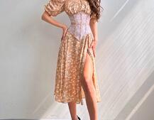 Сукня міді з розрізом в квітковий принт + прозорий корсет  Сукня міді з розрізом в квітковий принт + прозорий корсет  | PUSHKA SHOP