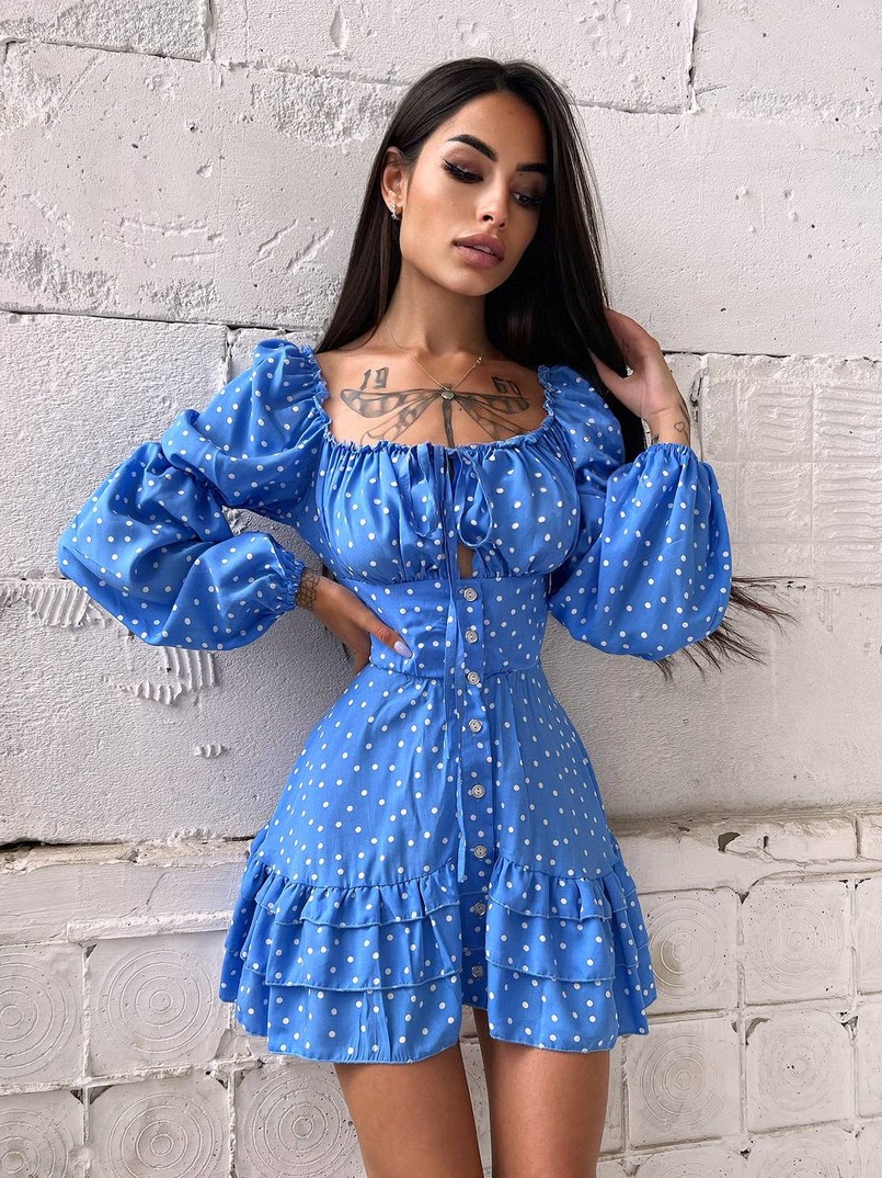 Сукня в горошок на ґудзиках з воланами  | PUSHKA SHOP