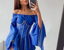 Шифонова сукня на підкладці з розкльошеними рукавами з асиметричною спідницею + корсет декорований стразами Ручна робота! Шифонова сукня на підкладці з розкльошеними рукавами з асиметричною спідницею + корсет декорований стразами Ручна робота! | PUSHKA SHOP