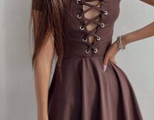 Трикотажное платье-мини со шнуровкой на груди  Трикотажное платье-мини со шнуровкой на груди  | PUSHKA SHOP