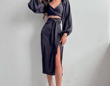 Шелковый комплект: топ с завязками на талии + юбка миди с разрезом  | PUSHKA SHOP