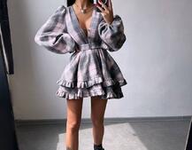 Сукня з подвійною спідницею та обʼємними рукавами у клітинку  Сукня з подвійною спідницею та обʼємними рукавами у клітинку  | PUSHKA SHOP