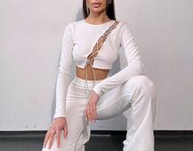 Комплект : штани кльош і топ декорований шнурком зі стразами  Комплект : штани кльош і топ декорований шнурком зі стразами  | PUSHKA SHOP