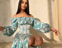 Сукня міді з розрізом в квітковий принт + прозорий корсет  Сукня міді з розрізом в квітковий принт + прозорий корсет  | PUSHKA SHOP