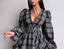 Сукня з подвійною спідницею та обʼємними рукавами у клітинку  Сукня з подвійною спідницею та обʼємними рукавами у клітинку  | PUSHKA SHOP