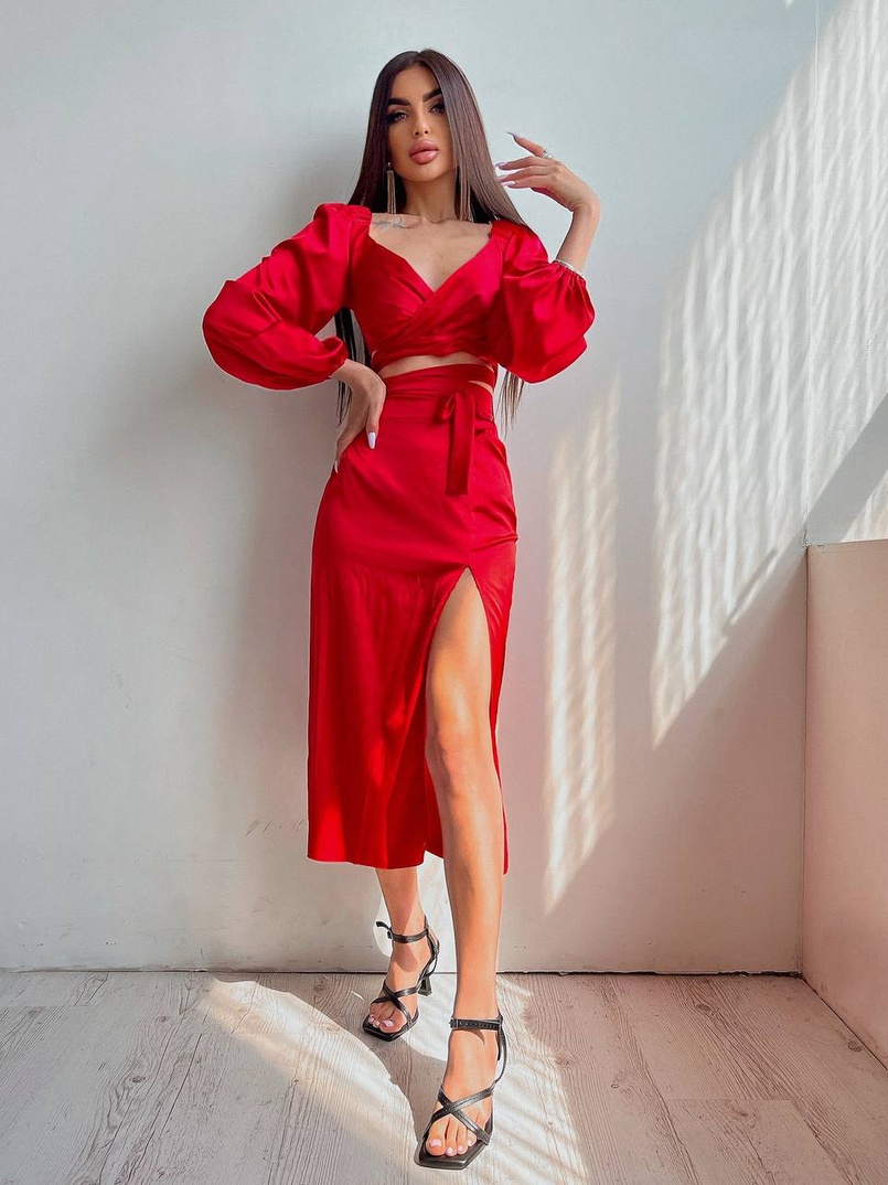 Шелковый комплект: топ с завязками на талии + юбка миди с разрезом  | PUSHKA SHOP