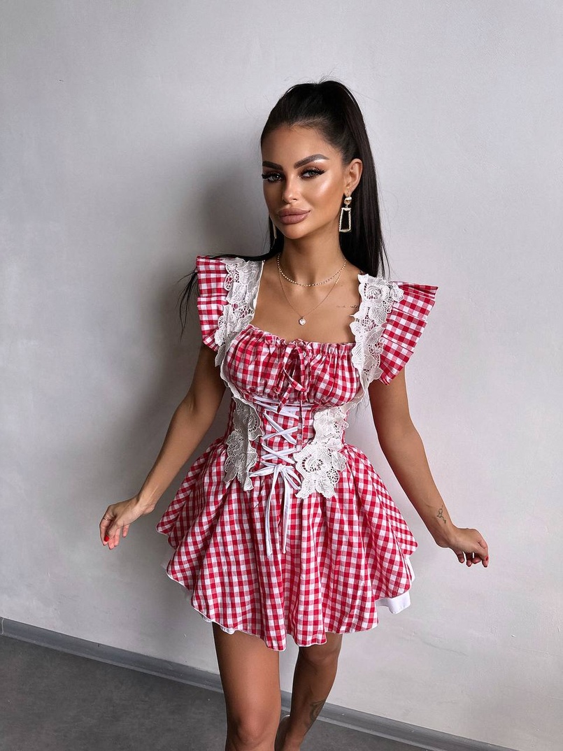 Сукня в клітинку декорована мереживом  Сукня в клітинку декорована мереживом  | PUSHKA SHOP