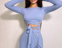 Трикотажный комплект: юбка  миди с разрезом + топ с завязками на талии  Трикотажный комплект: юбка  миди с разрезом + топ с завязками на талии  | PUSHKA SHOP