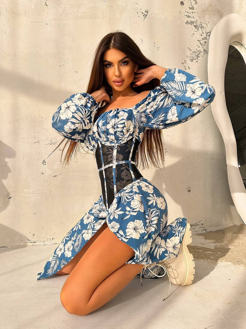 Сукня міді з розрізом в квітковий принт + прозорий корсет  Сукня міді з розрізом в квітковий принт + прозорий корсет  | PUSHKA SHOP