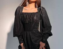 Блестящее платье с объемными рукавами  Блестящее платье с объемными рукавами  | PUSHKA SHOP